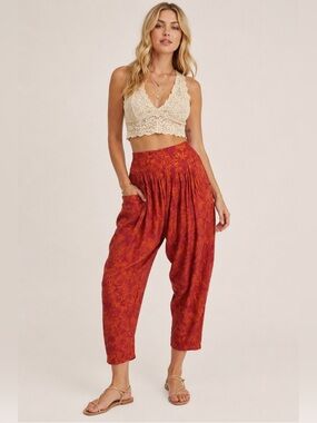 Free People Floral Boho Harem Pants in Dusty Papaya Color Size SP